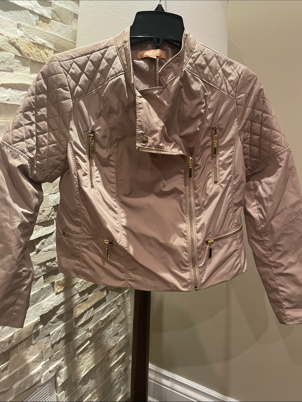 Ellen Tracy Light beige Quilted Moto Jacket with Gold Zippers